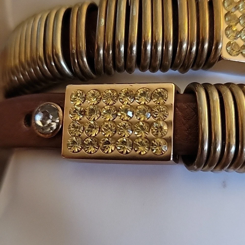 WESTERN Leather Brass Rhinestone Yellow Pave Belt Wrap Bracelet